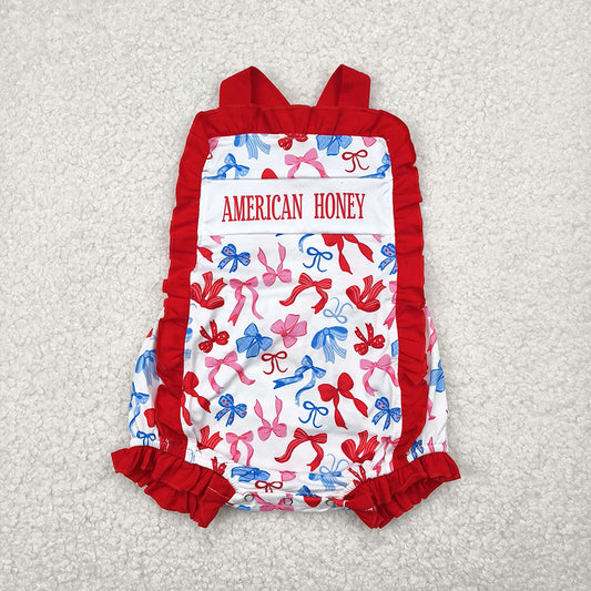 Baby Girls Red Strap American Honey Blue Bows 4th Of July Rompers
