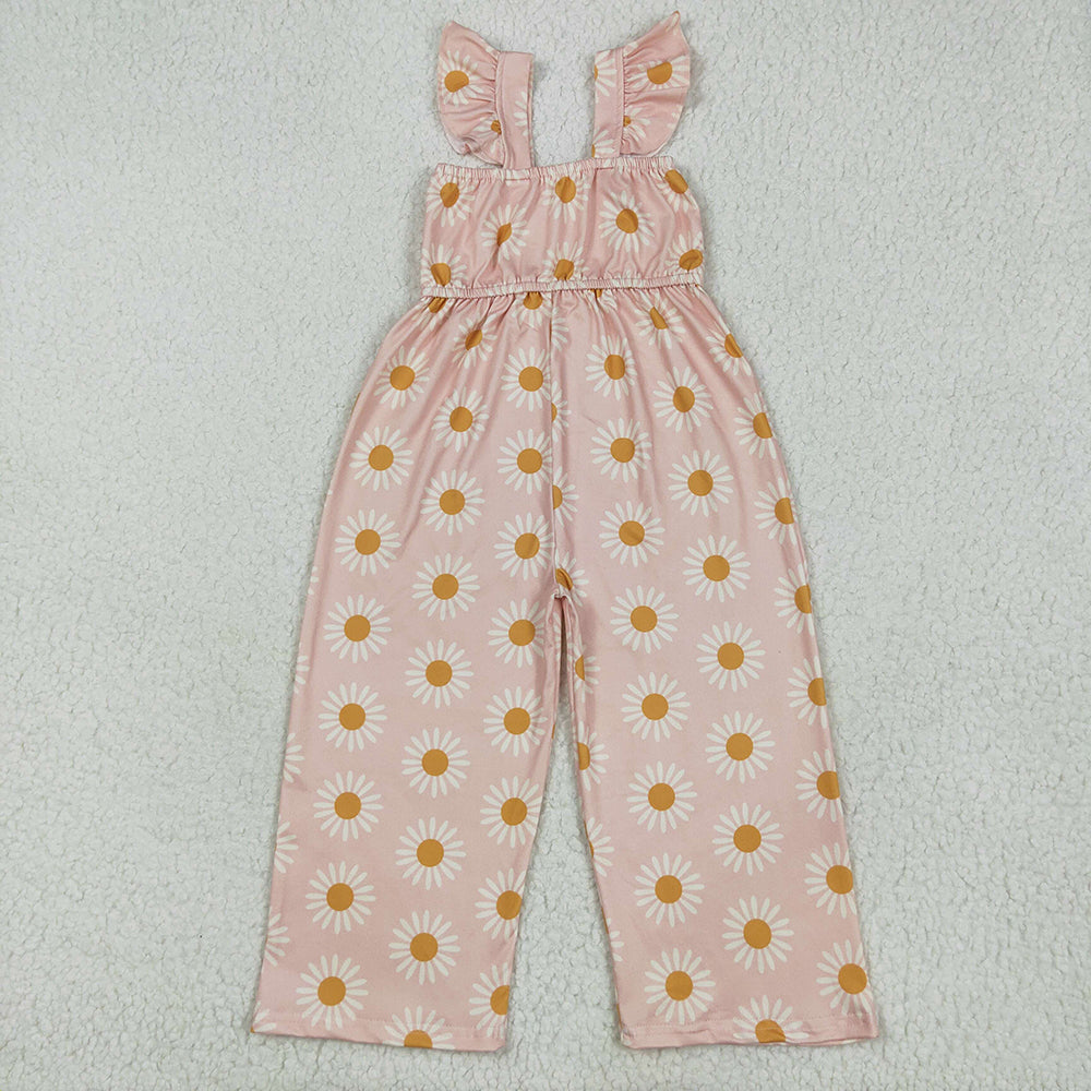 Baby Girls Flutter Sleeves Peach Daisy Flowers Bell Jumpsuits