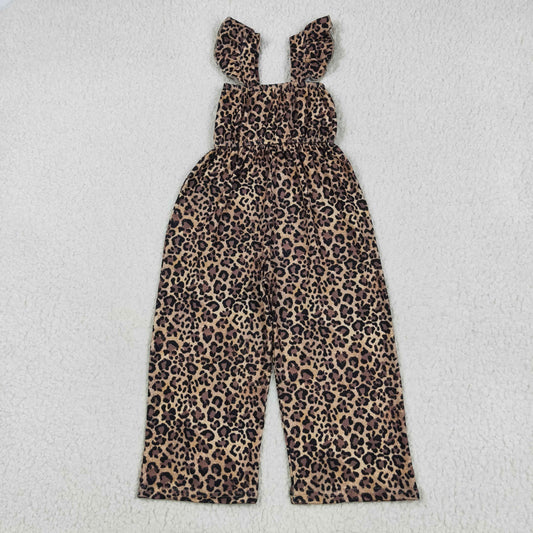Sibling Baby Girls Flutter Sleeves Peach Daisy Flowers Leopard Bell Jumpsuits
