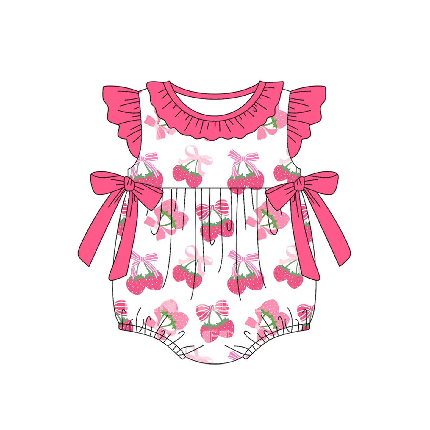 Baby Girls Pink Flutter Sleeves Bows Strawberry Ruffle Rompers Preorder