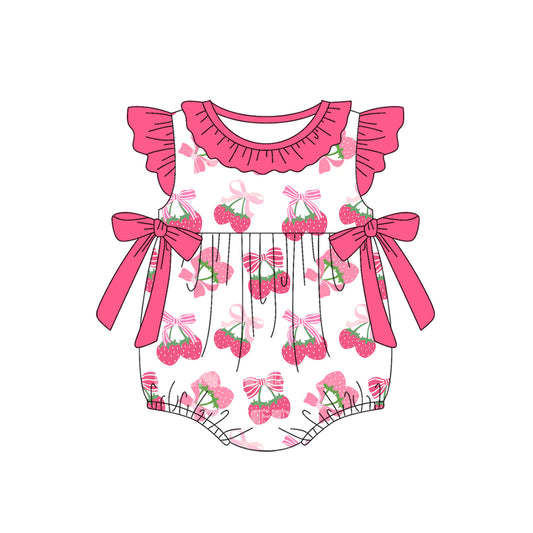 Baby Girls Pink Flutter Sleeves Bows Strawberry Ruffle Rompers Preorder