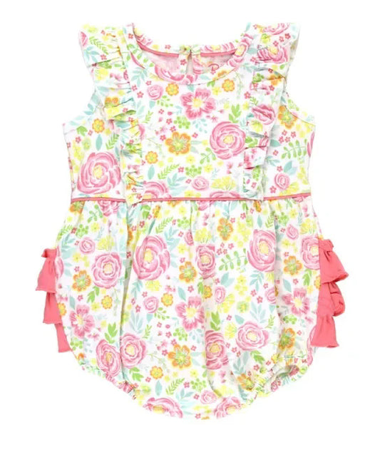 Baby Girls Sleeveless Yellow Pink Floral Bubble Ruffle Rompers Preorder