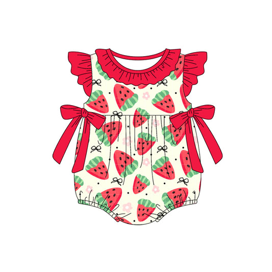 Preorder moq 5 Baby Girls Red Flutter Sleeves Bows Strawberry Ruffle Rompers
