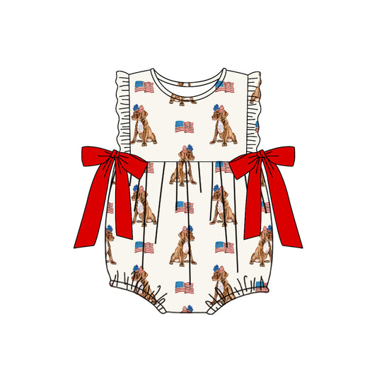 Baby Girls Sleeveless Flags Dogs 4th Of July Ruffle Rompers Preorder