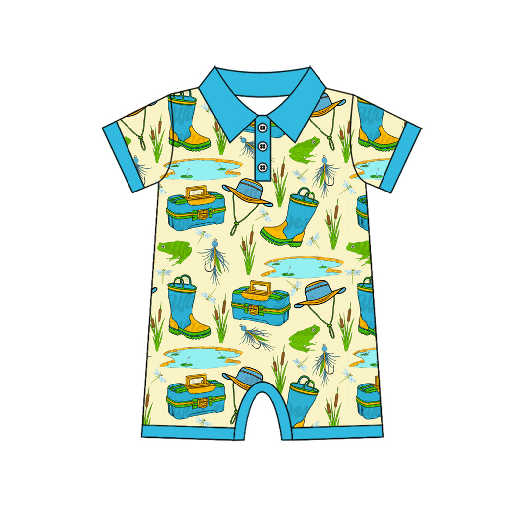 Baby Boys Blue Short Sleeves Button Fishing Rompers Preorder