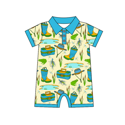 Baby Boys Blue Short Sleeves Button Fishing Rompers Preorder