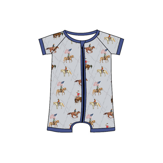 Baby Boys Hot Blue Horse Rodeo Flags 4th Of July Zipper Rompers Preorder