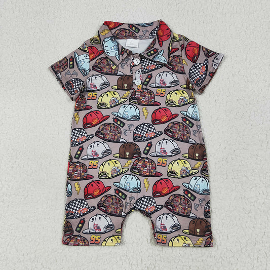 Baby Boys Brown Short Sleeves Cartoon Hats Button Rompers