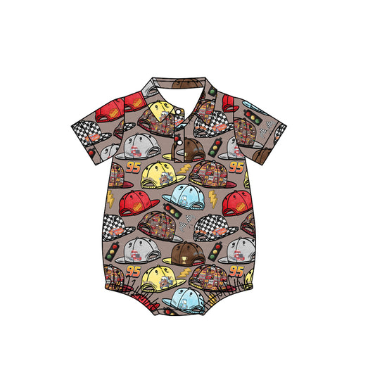 Preorder moq 5 Baby Boys Brown Short Sleeves Cartoon Hats Button Bummies Rompers