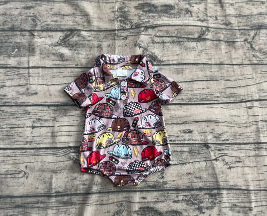 Preorder moq 5 Baby Boys Brown Short Sleeves Cartoon Hats Button Bummies Rompers
