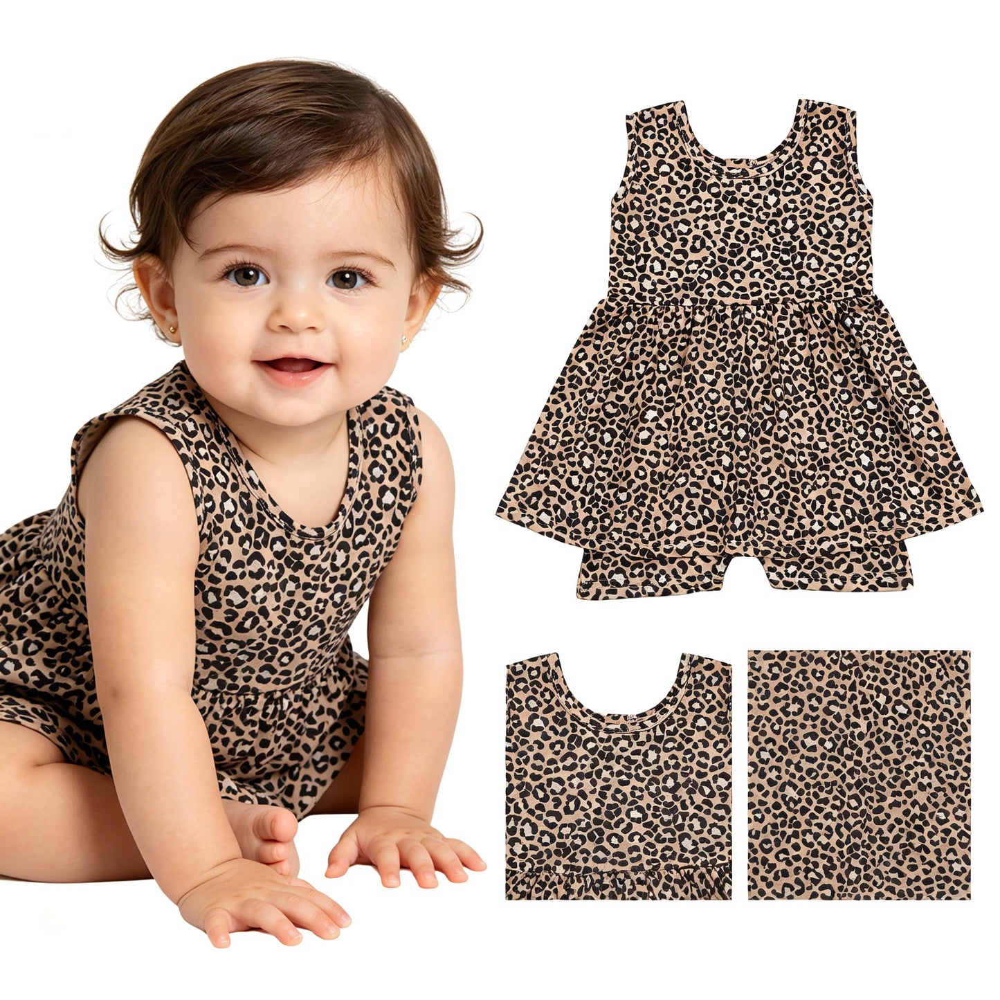 Baby Girls Sleeveless Leopard Tunic Short Jumpsuits Rompers