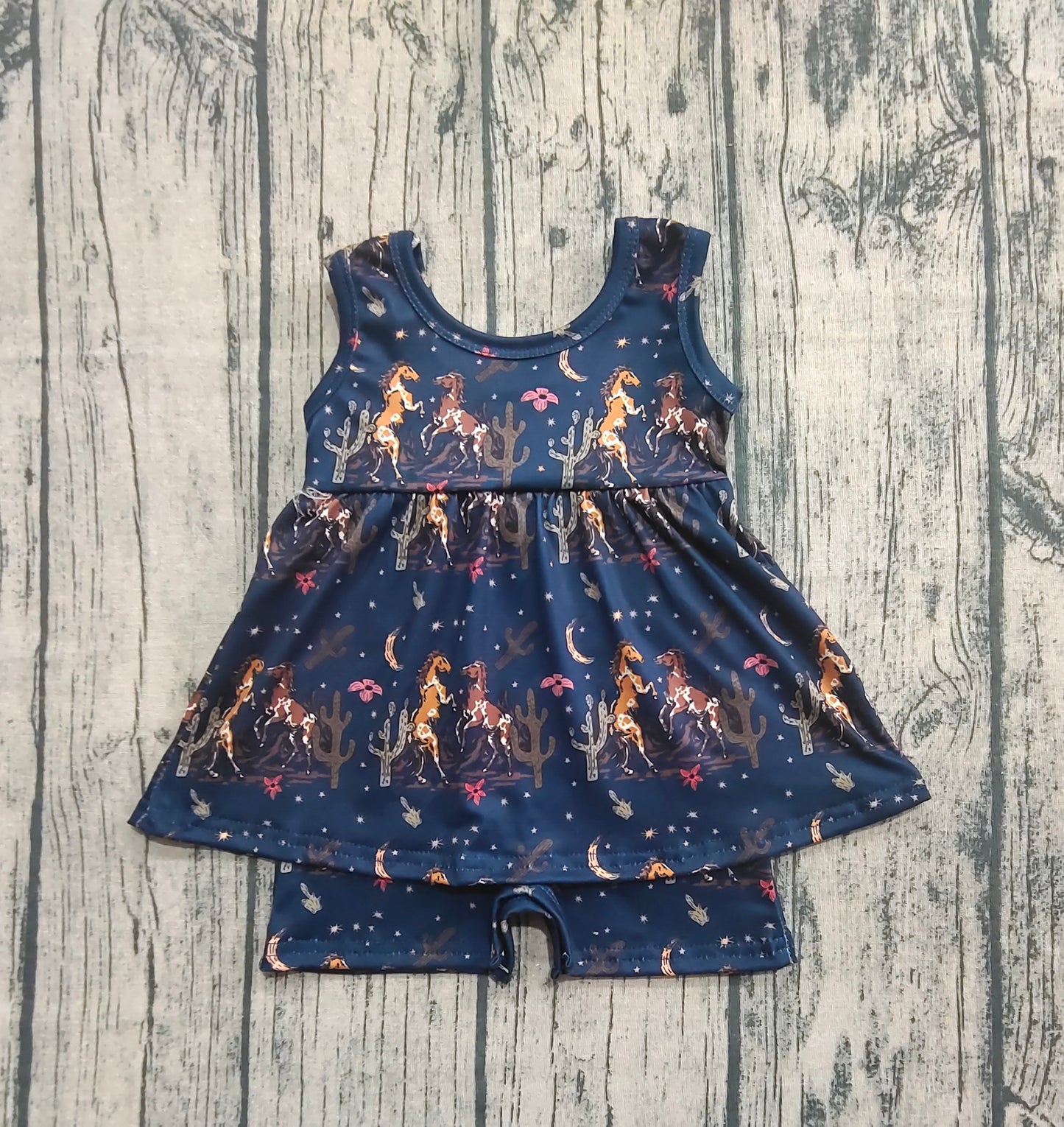 Baby Girls Navy Sleeveless Horses Cactus Skort Jumpsuits