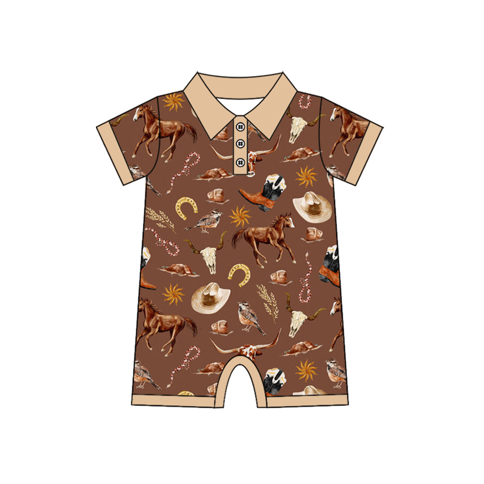 Baby Boys Brown Short Sleeves Button Boots Horses Rompers Preorder