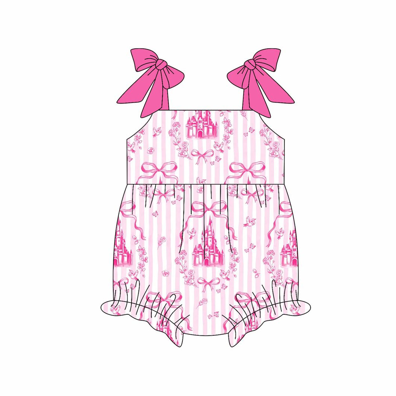 Baby Girls Pink Bows Strap Castles Ruffle Rompers