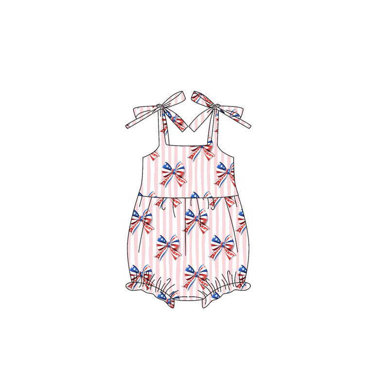 Baby Girls Strap Pink Stripe Blue Red Bows 4th Of July Ruffle Rompers Preorder