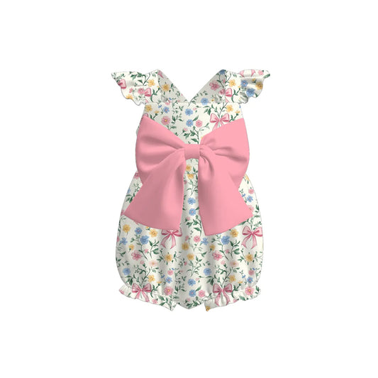 Baby Girls Flutter Sleeves Pink Bows Floral Ruffle Rompers Preorder