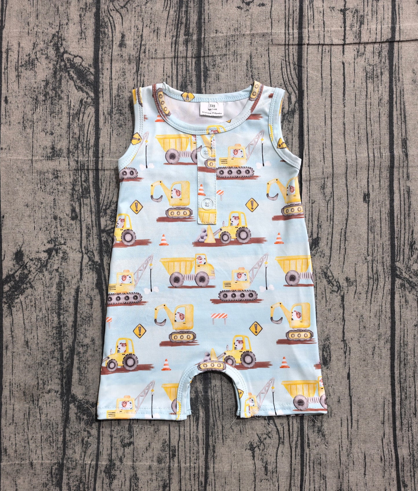 Baby Boys Sleeveless Excavators Button Rompers