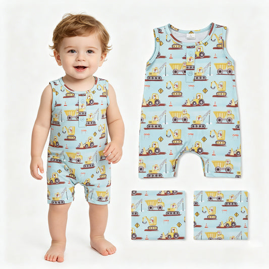 Baby Boys Sleeveless Excavators Button Rompers