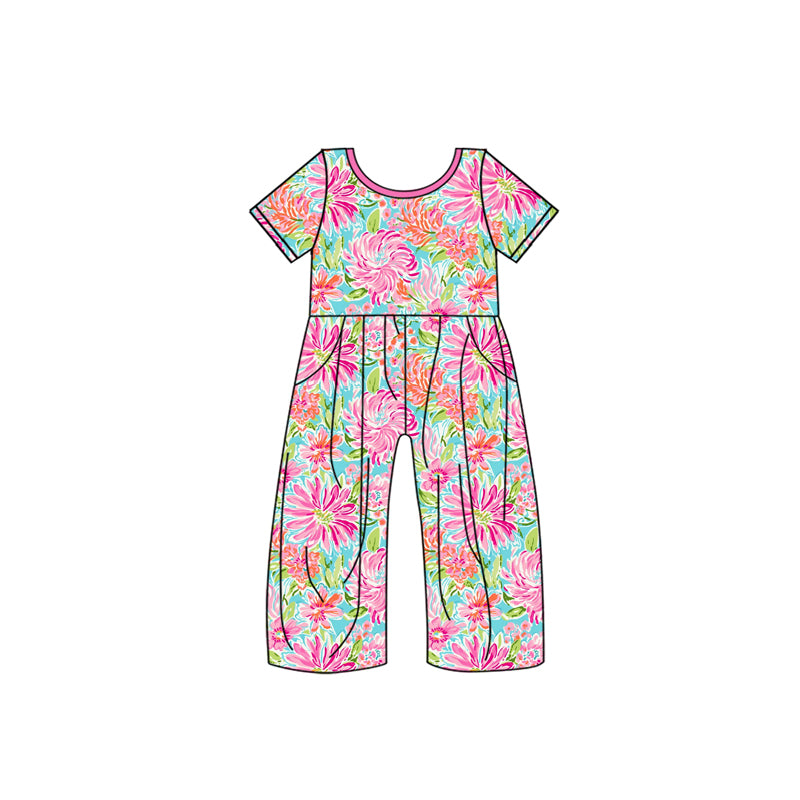 Preorder moq 5 Baby Girls Short Sleeves Hot Pink Watercolor Floral Pockets Jumpsuits