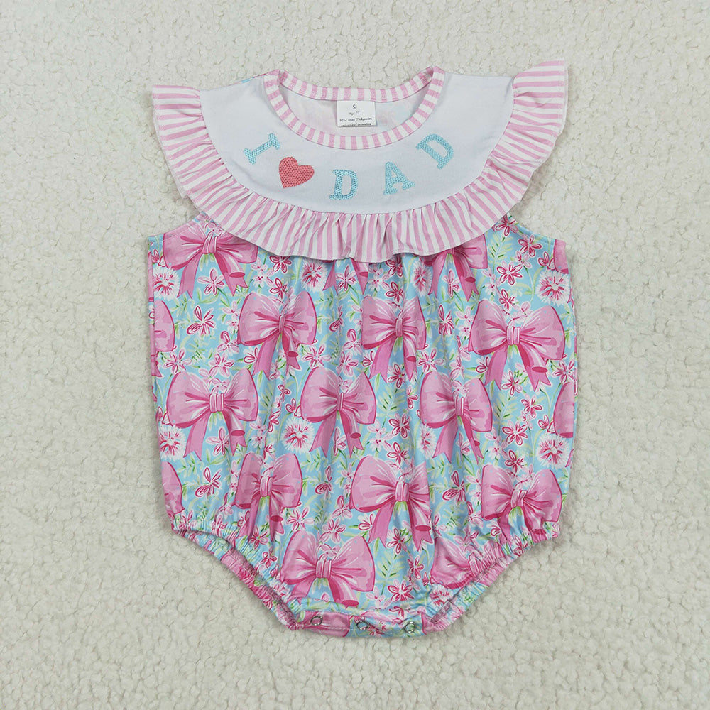 Embroidery Baby Girls Pink I Love Dad Bows Floral Ruffle Rompers