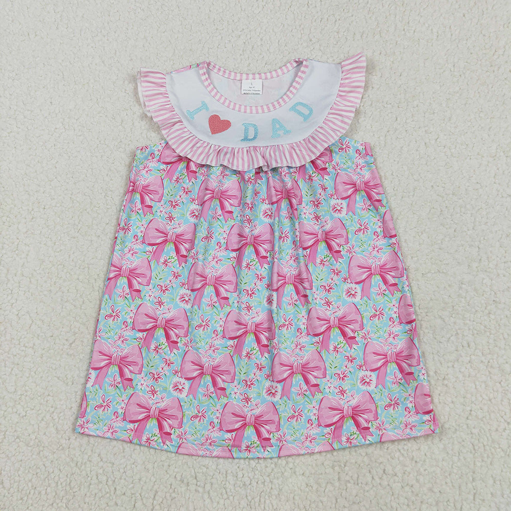 Embroidery Baby Girls Pink I Love Dad Floral Bows Knee Length Dresses