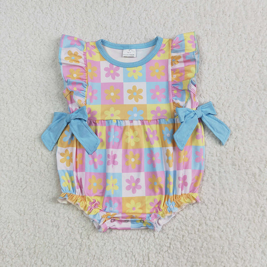 Baby Girls Flutter Sleeves Bows Flowers Plaid Ruffle Rompers