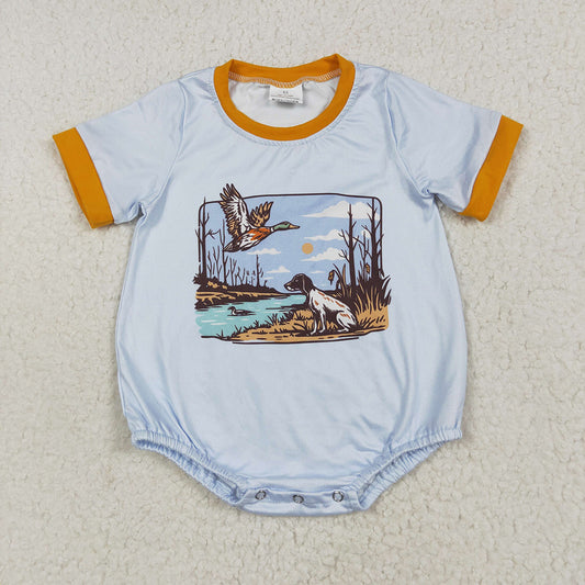 Baby Boys Blue Short Sleeves Duck Dog Rompers