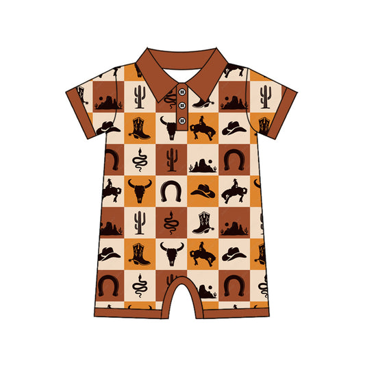 Baby Infant Boys Khaki Short Sleeves Bull Skull Button Rompers Preorder