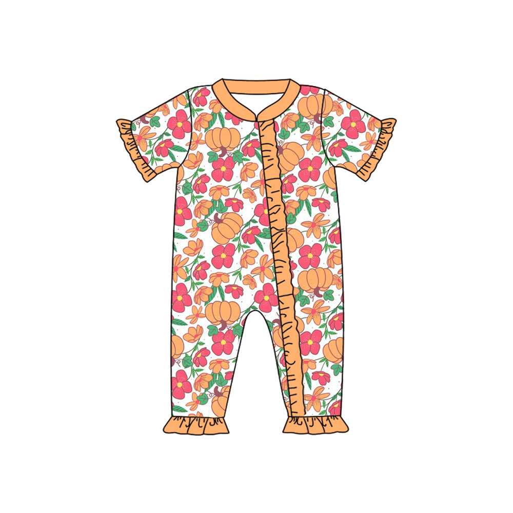 Baby Infant Girls Short Ruffle Sleeves Flowers Pumpkins Zipper Rompers Preorder
