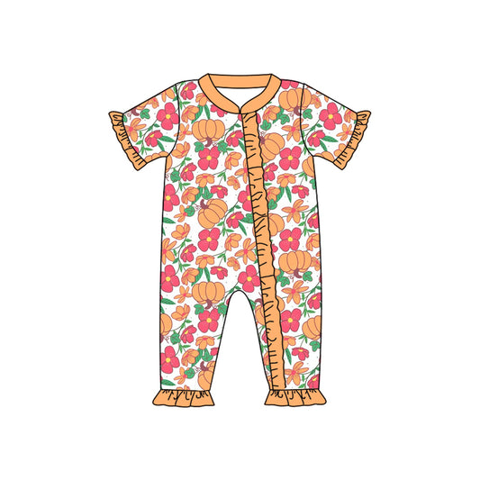 Baby Infant Girls Short Ruffle Sleeves Flowers Pumpkins Zipper Rompers Preorder