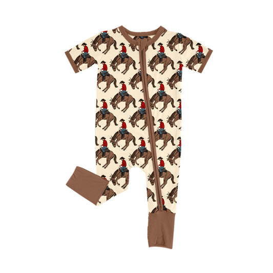 Baby Infant Boys Brown Short Sleeves Horse Rodeos Zipper Pant Rompers Preorder