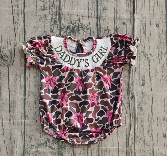 Smocked Daddy's Girl Short Ruffle Sleeves Brown Camo Bows Rompers Preorder