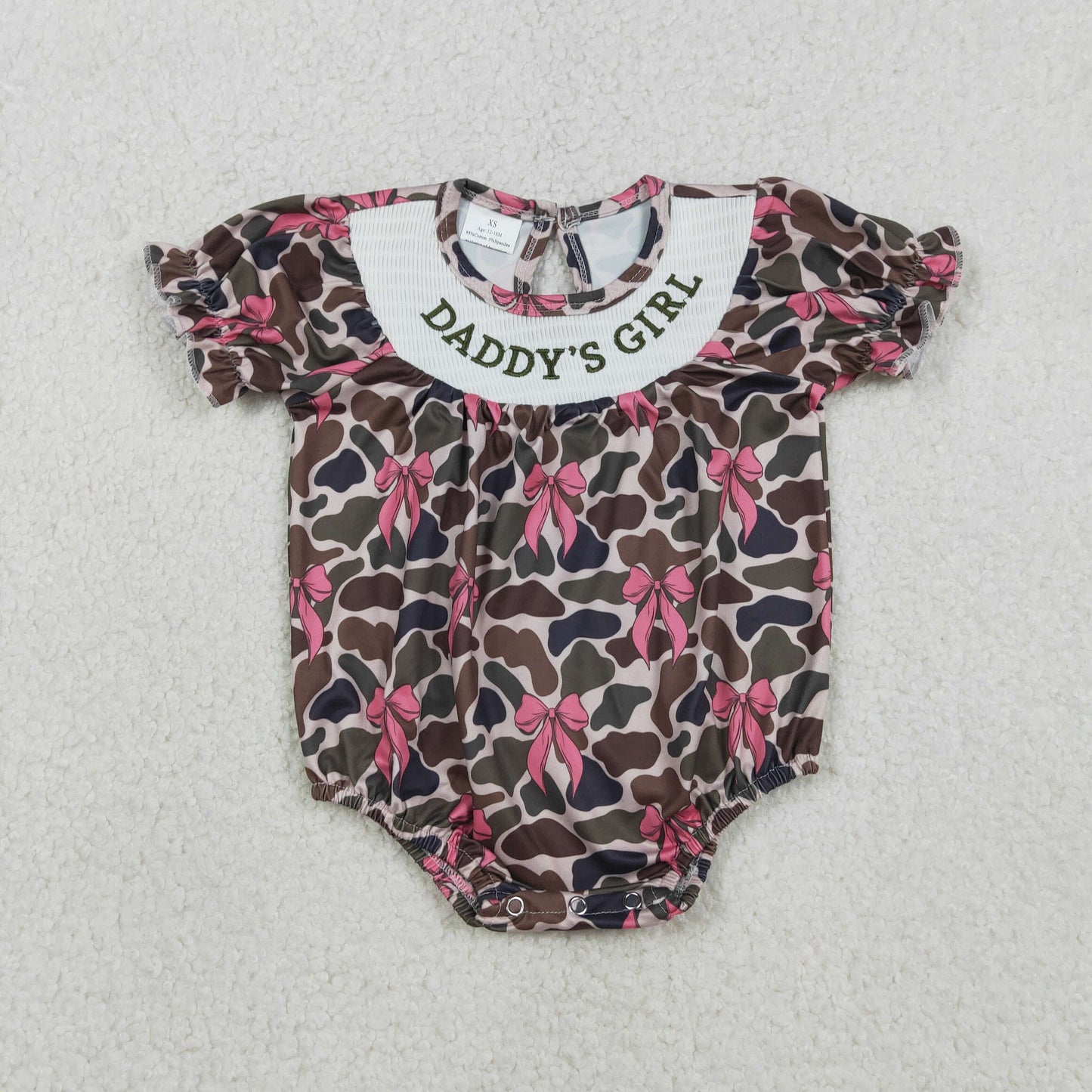 Smocked Daddy's Girl Short Ruffle Sleeves Southern Camo Bows Rompers