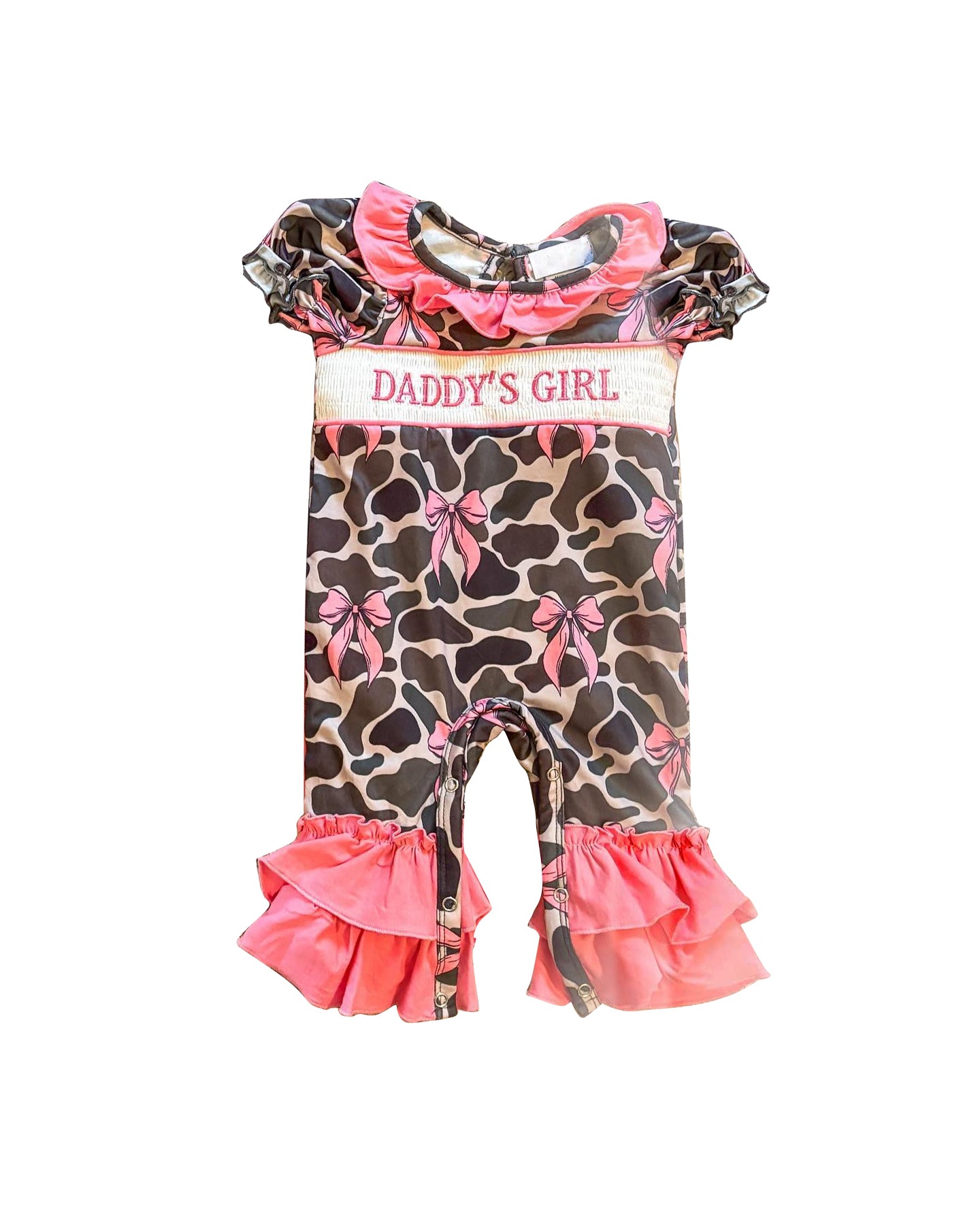 Baby Infant Girls Short Ruffle Sleeves Olive Camo Bows Daddy's Girl Pant Rompers Preorder