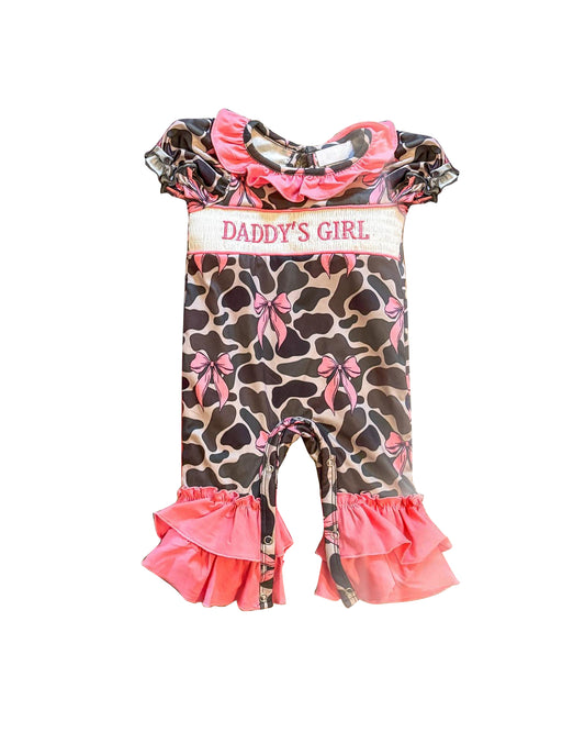 Baby Infant Girls Short Ruffle Sleeves Olive Camo Bows Daddy's Girl Pant Rompers Preorder