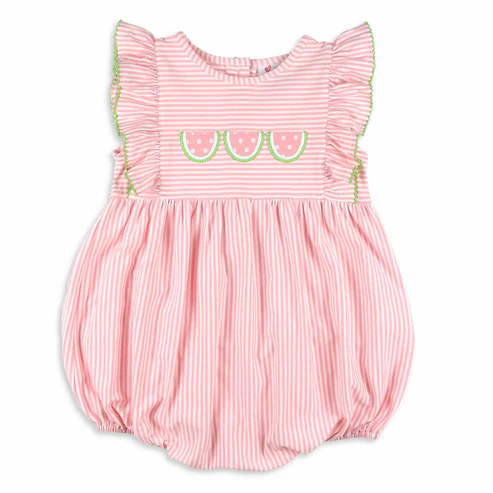 Preorder moq 5 Baby Infant Girls Pink Stripe Flutter Sleeves Watermelons Ruffle Rompers