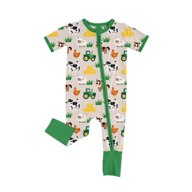 Baby Infant Boys Green Short Sleeves Chicks Ships Zipper Farm Rompers Preorder