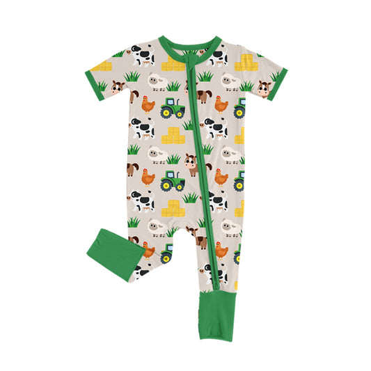 Baby Infant Boys Green Short Sleeves Chicks Ships Zipper Farm Rompers Preorder