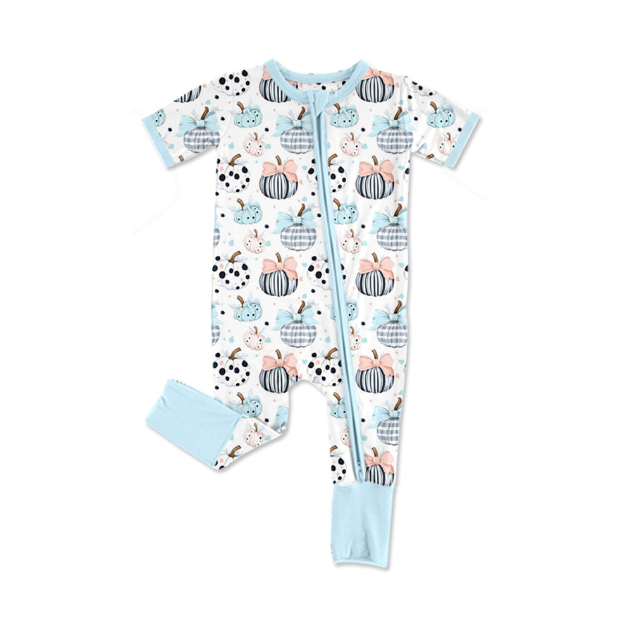 Baby Infant Girls Blue Bows Pumpkins Fall Zipper Footie Rompers