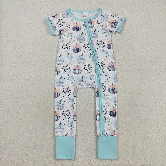 Baby Infant Girls Blue Bows Pumpkins Fall Zipper Footie Rompers