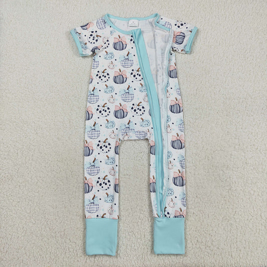 Baby Infant Girls Blue Bows Pumpkins Fall Zipper Footie Rompers