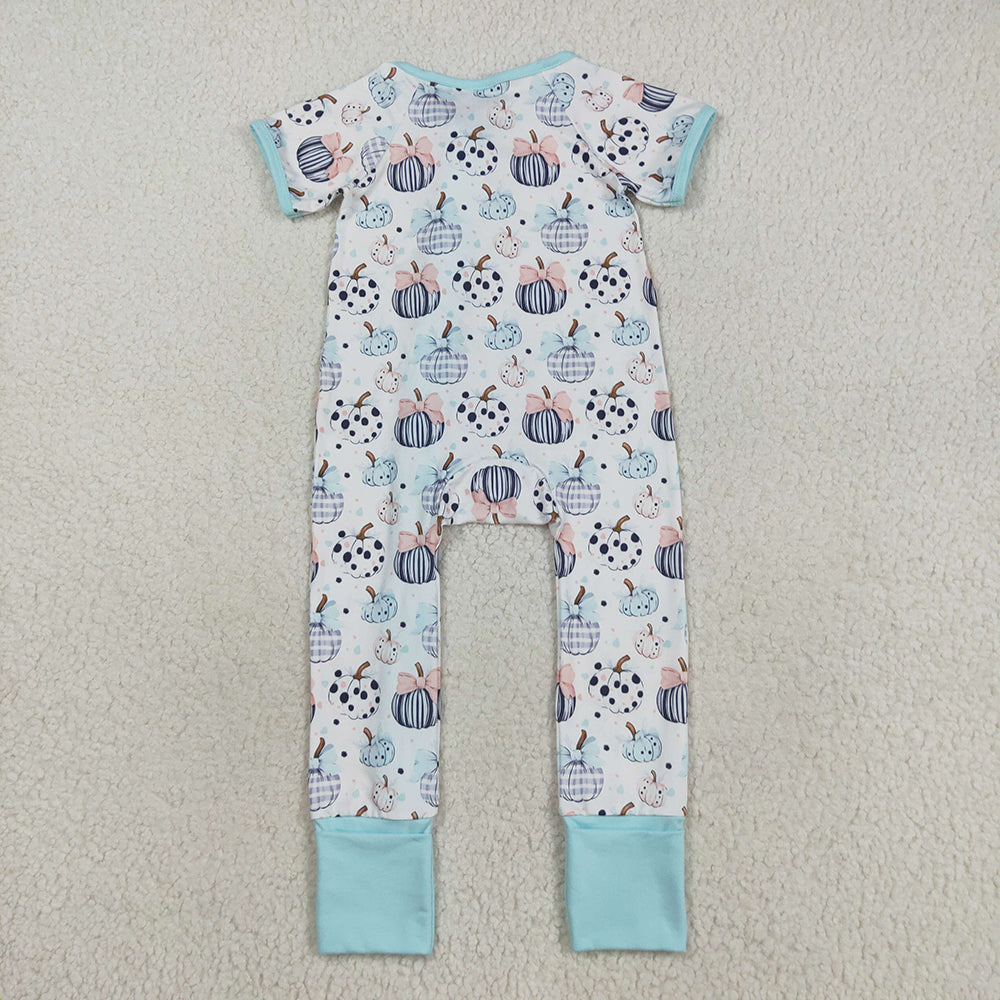 Baby Infant Girls Blue Bows Pumpkins Fall Zipper Footie Rompers