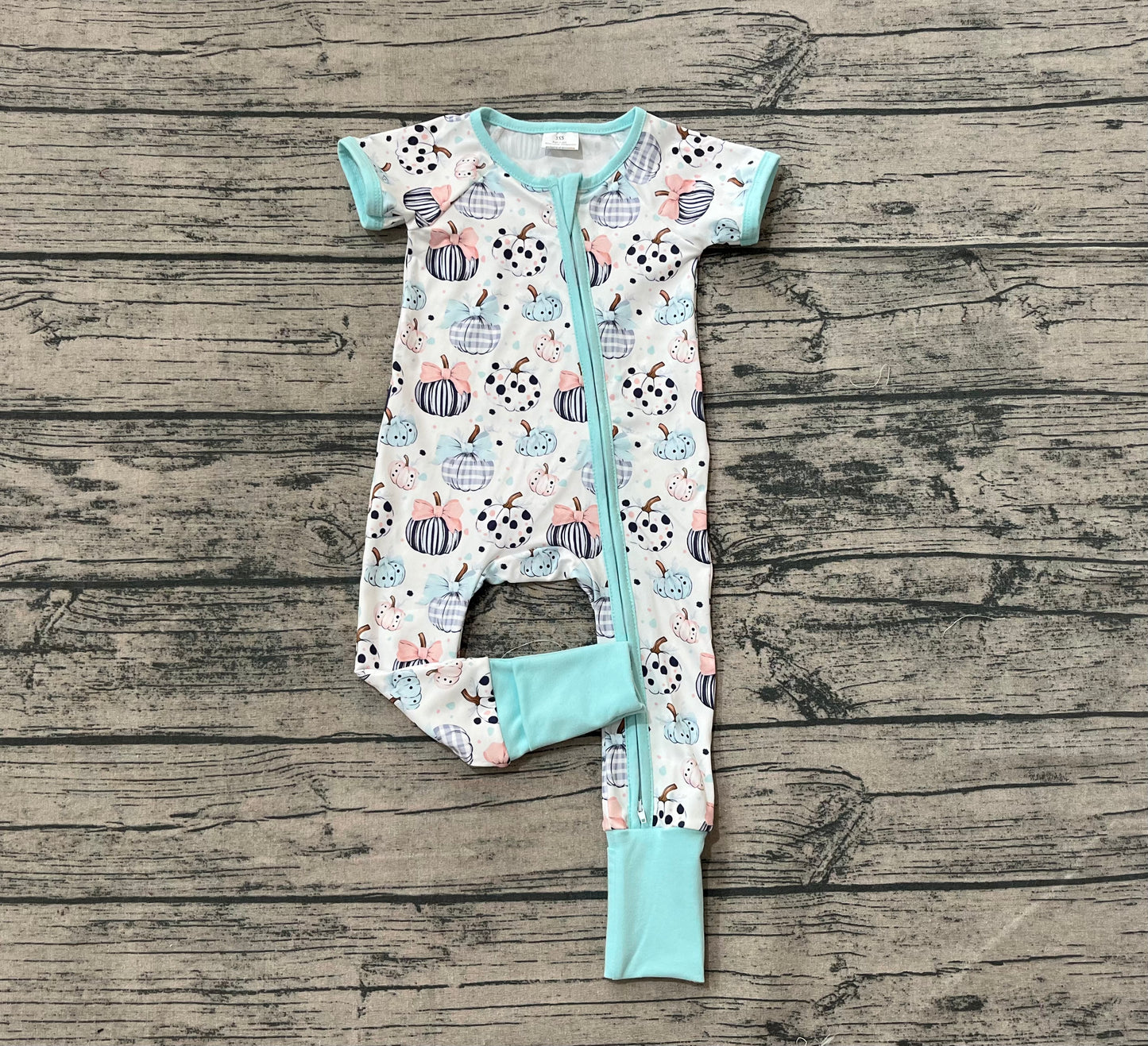 Baby Infant Girls Blue Bows Pumpkins Fall Zipper Footie Rompers