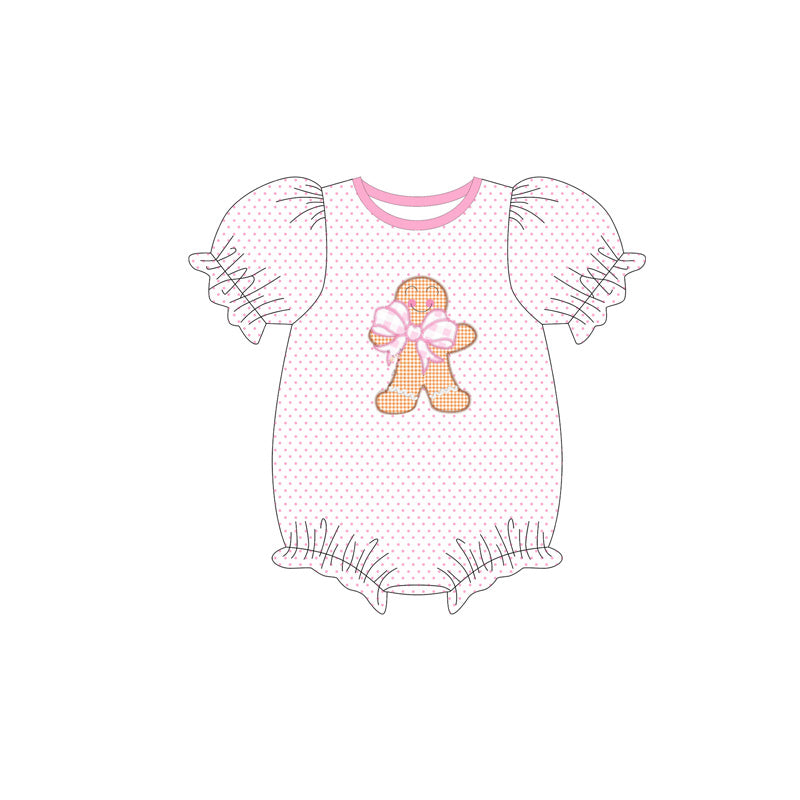Baby Girls Short Sleeves Pink Polka Dots Bows Gingerbread Ruffle Rompers Preorder