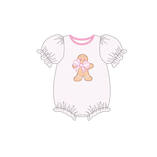 Baby Girls Short Sleeves Pink Polka Dots Bows Gingerbread Ruffle Rompers Preorder