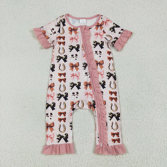 Baby Girls Pink Western Bows Horse Shoes Zipper Rompers