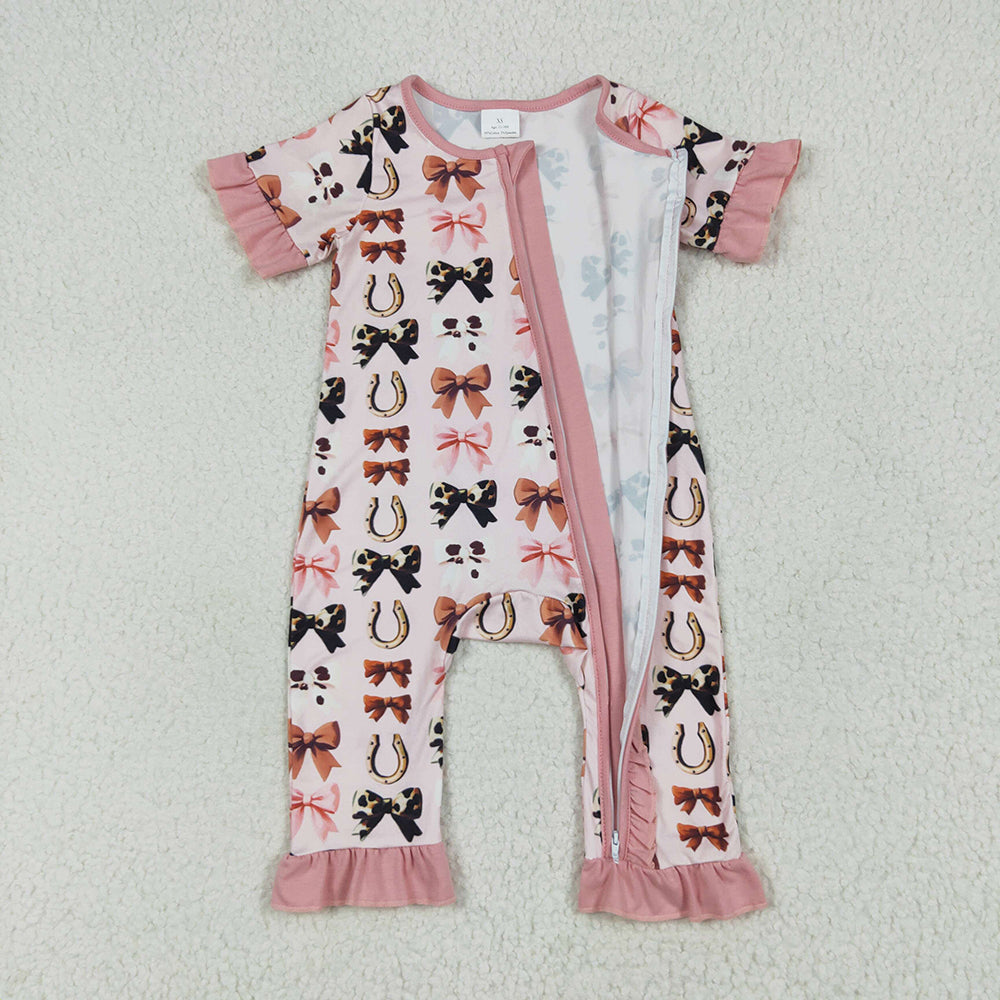 Baby Girls Pink Western Bows Horse Shoes Zipper Rompers