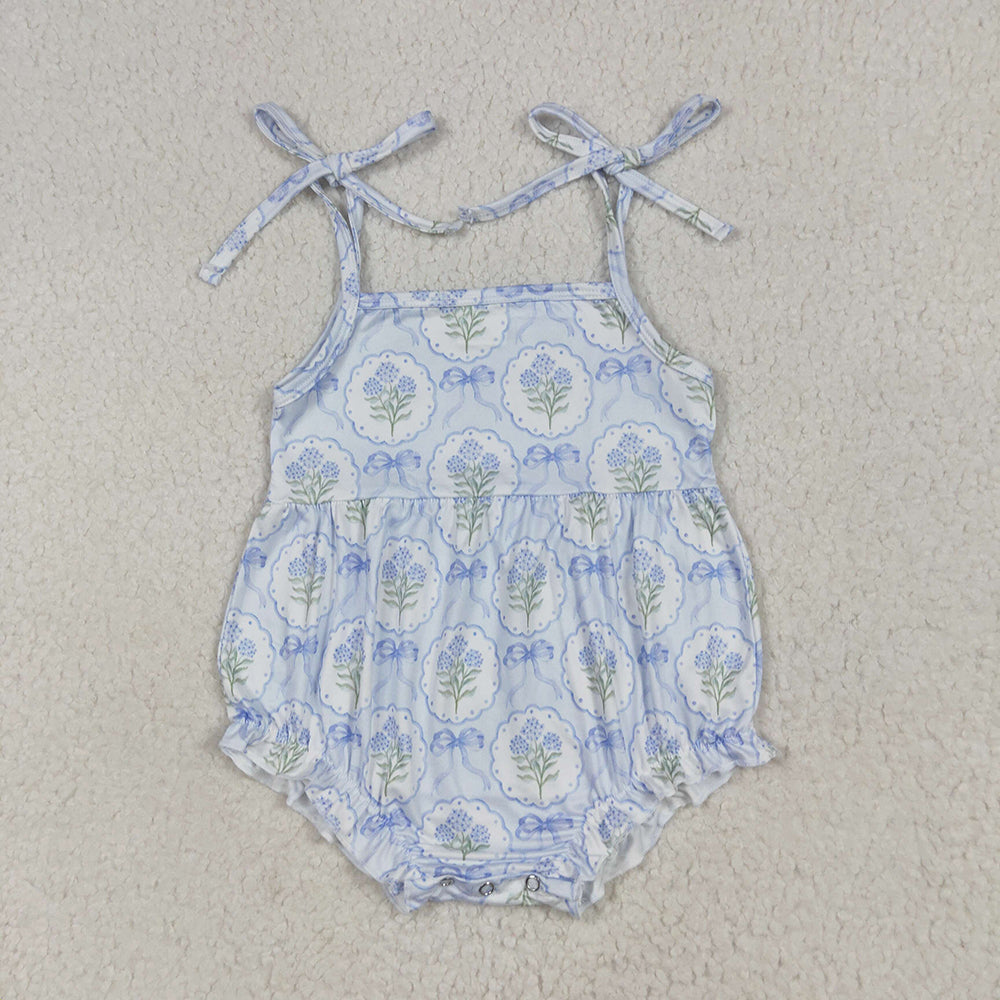 Baby Girls Blue Strap Bows Flowers Plaid Ruffle Rompers