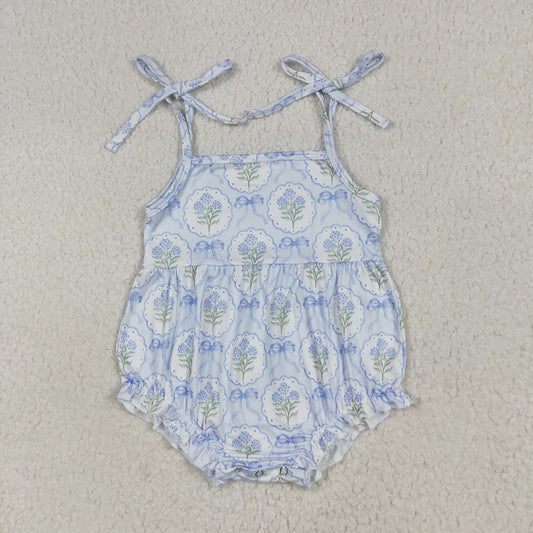 Baby Girls Blue Strap Bows Flowers Plaid Ruffle Rompers