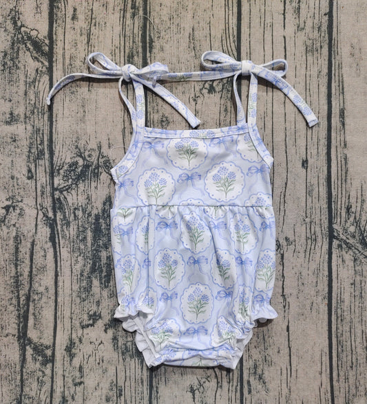 Baby Girls Blue Strap Bows Flowers Plaid Ruffle Rompers